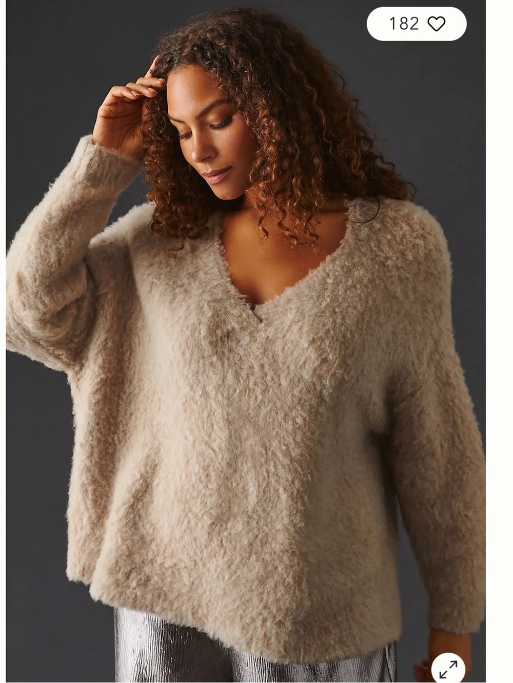Anthropologie Fuzzy V-Neck Sweater in Light Beige Size L